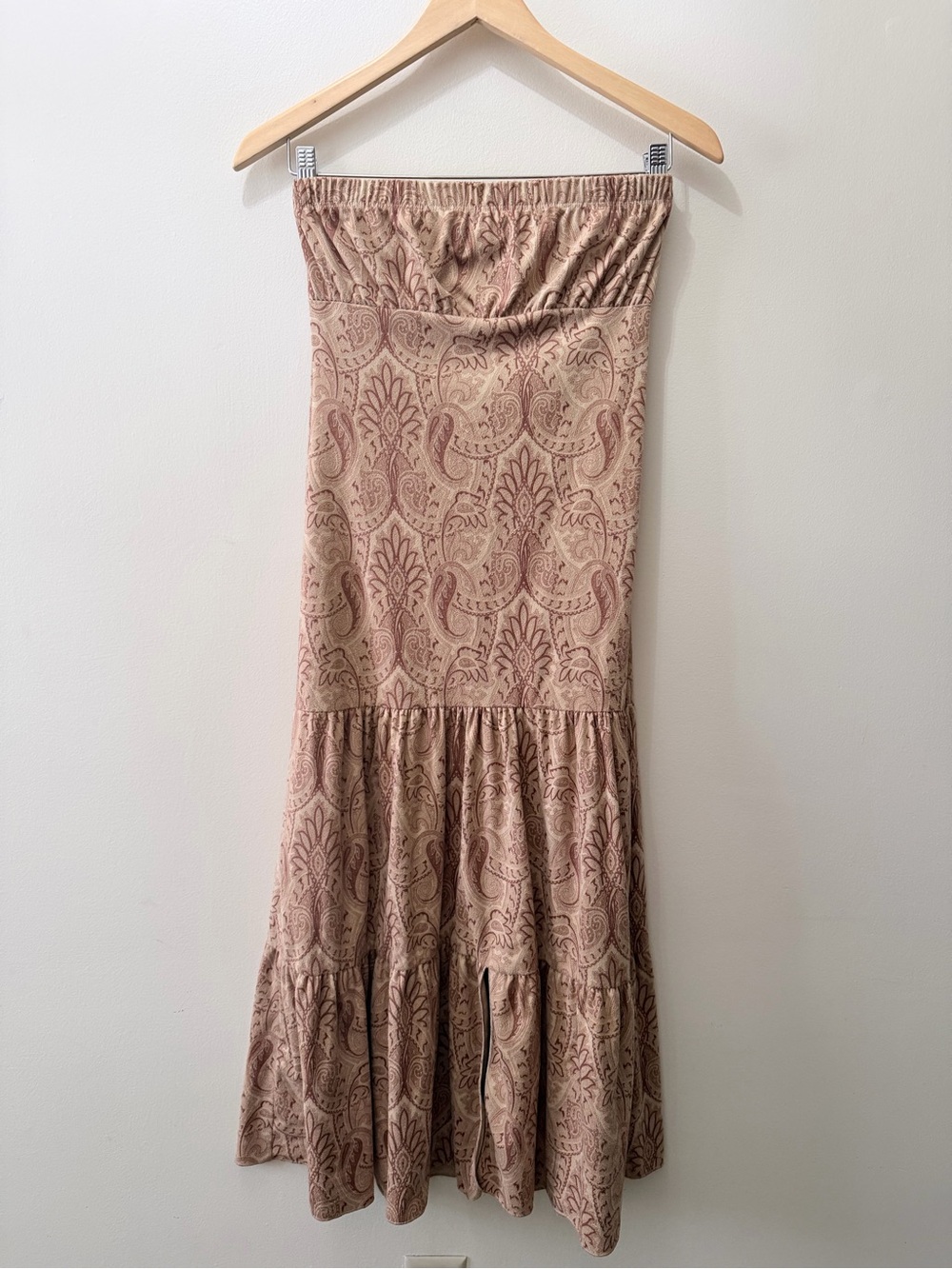 Vintage Wet Seal Paisley Tan Faux Suede Midi Tiered Strapless Dress Boho West S
